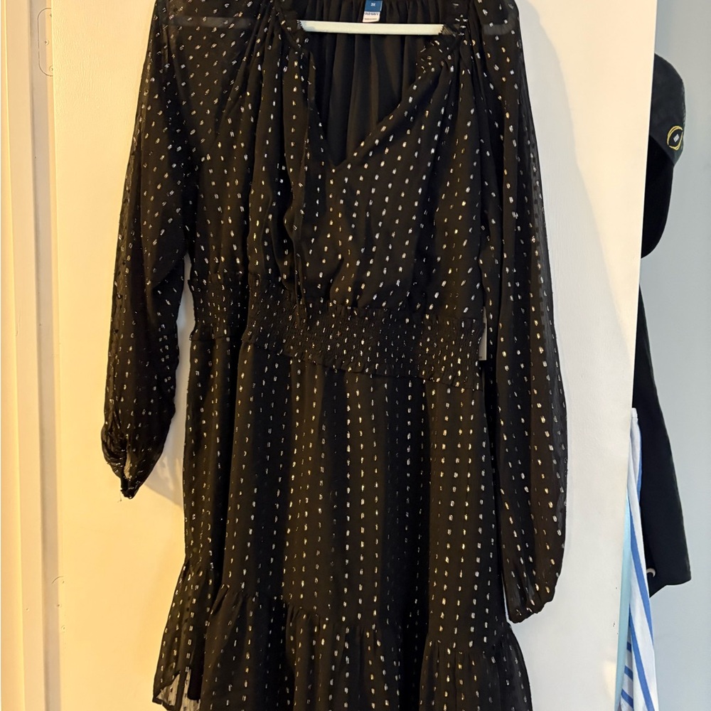 Old Navy Black Long Sleeve Smocked Waist Polka Dot Dress